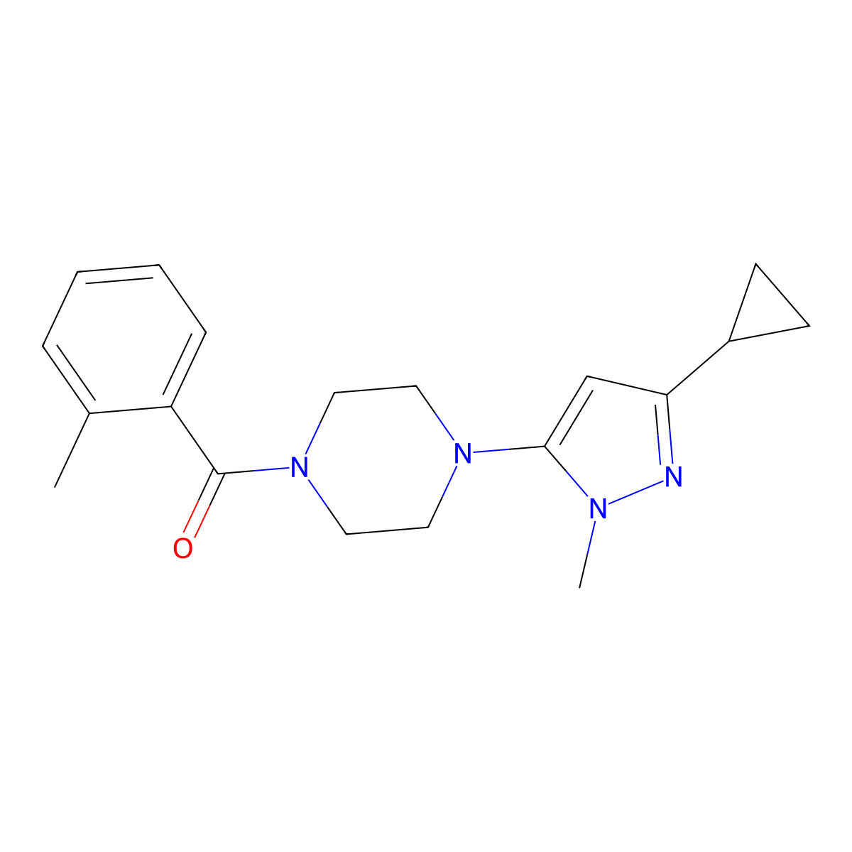 (4-(3-cyclopropyl-1-methyl-1H-pyrazol-5-yl)piperazin-1-yl)(o-tolyl)methanone molecular structure, CAS 2034448-54-7