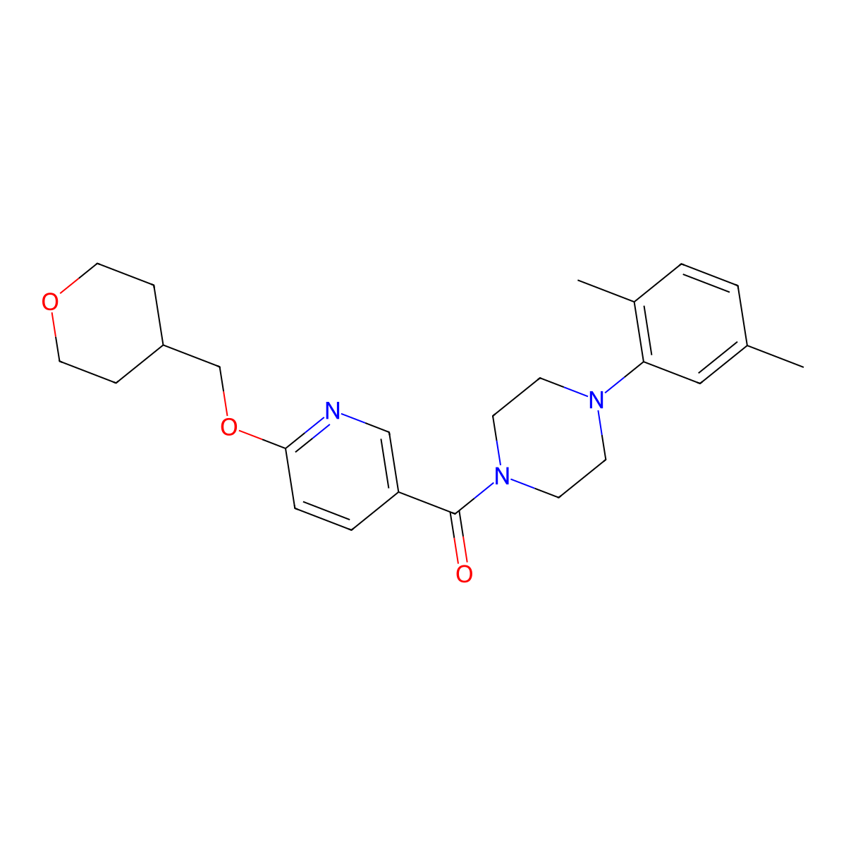 (4-(2,5-dimethylphenyl)piperazin-1-yl)(6-((tetrahydro-2H-pyran-4-yl)methoxy)pyridin-3-yl)methanone molecular structure, CAS 2034448-55-8