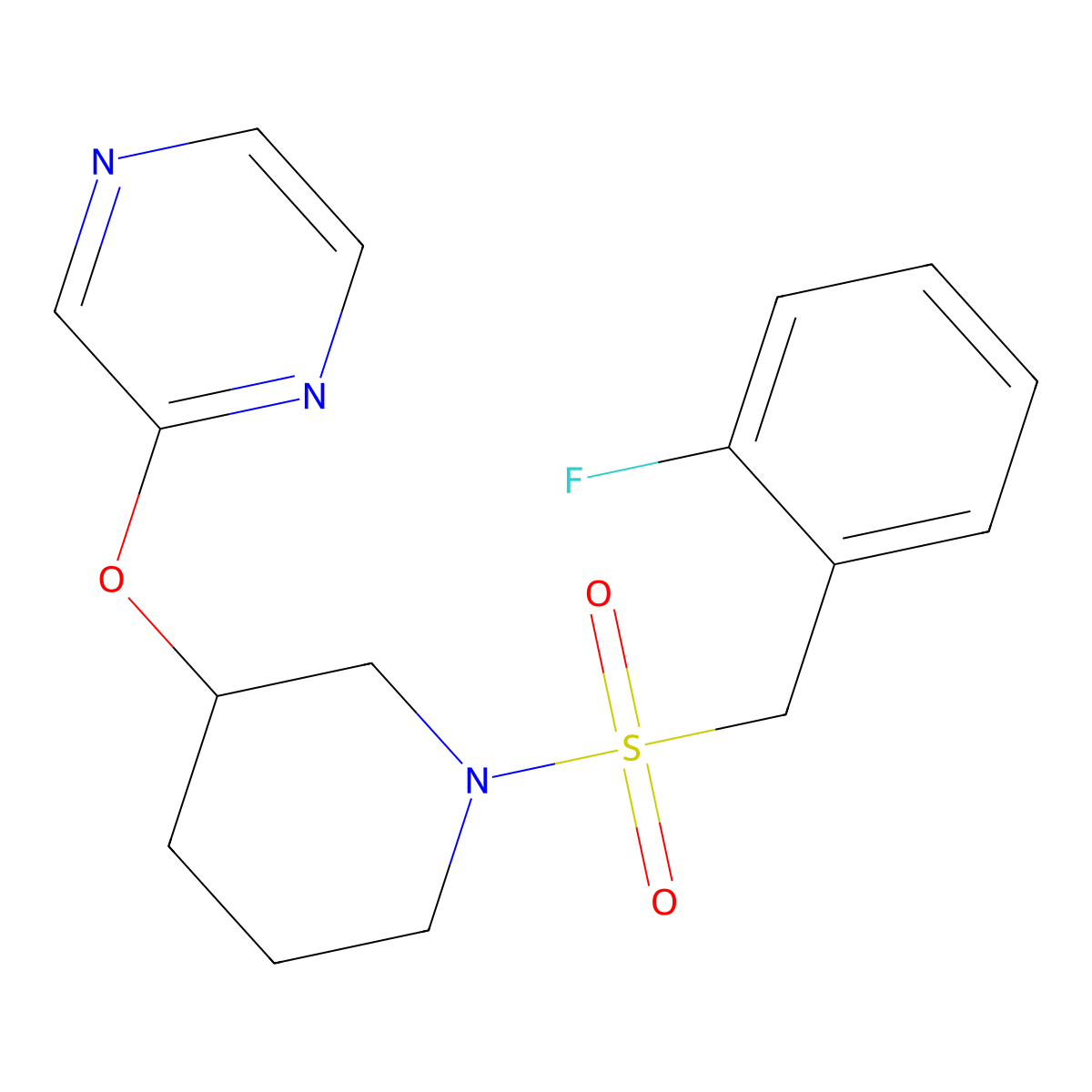 2-((1-((2-Fluorobenzyl)sulfonyl)piperidin-3-yl)oxy)pyrazine molecular structure, CAS 2034448-60-5