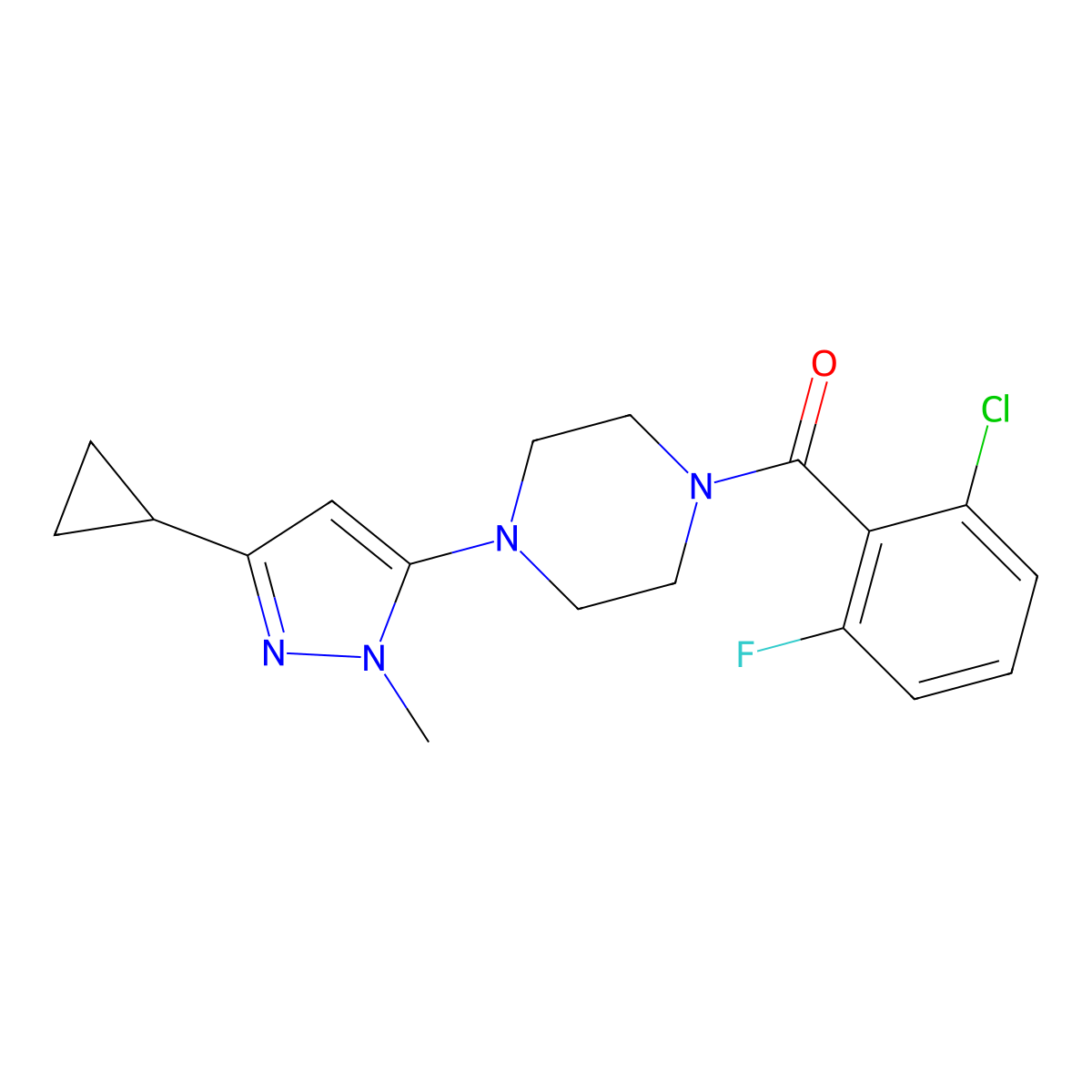 (2-chloro-6-fluorophenyl)(4-(3-cyclopropyl-1-methyl-1H-pyrazol-5-yl)piperazin-1-yl)methanone molecular structure, CAS 2034448-61-6
