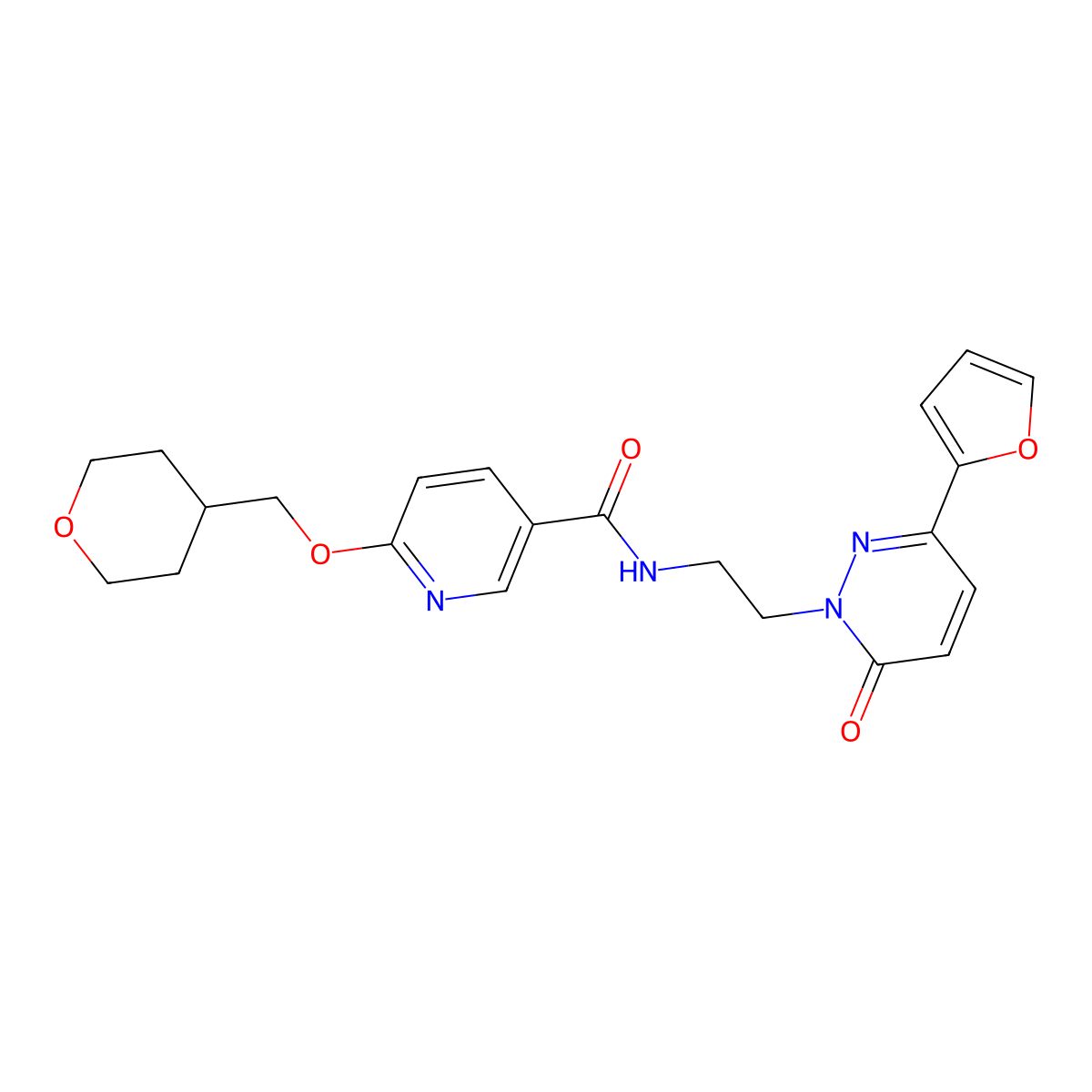 N-(2-(3-(furan-2-yl)-6-oxopyridazin-1(6H)-yl)ethyl)-6-((tetrahydro-2H-pyran-4-yl)methoxy)nicotinamide molecular structure, CAS 2034448-66-1