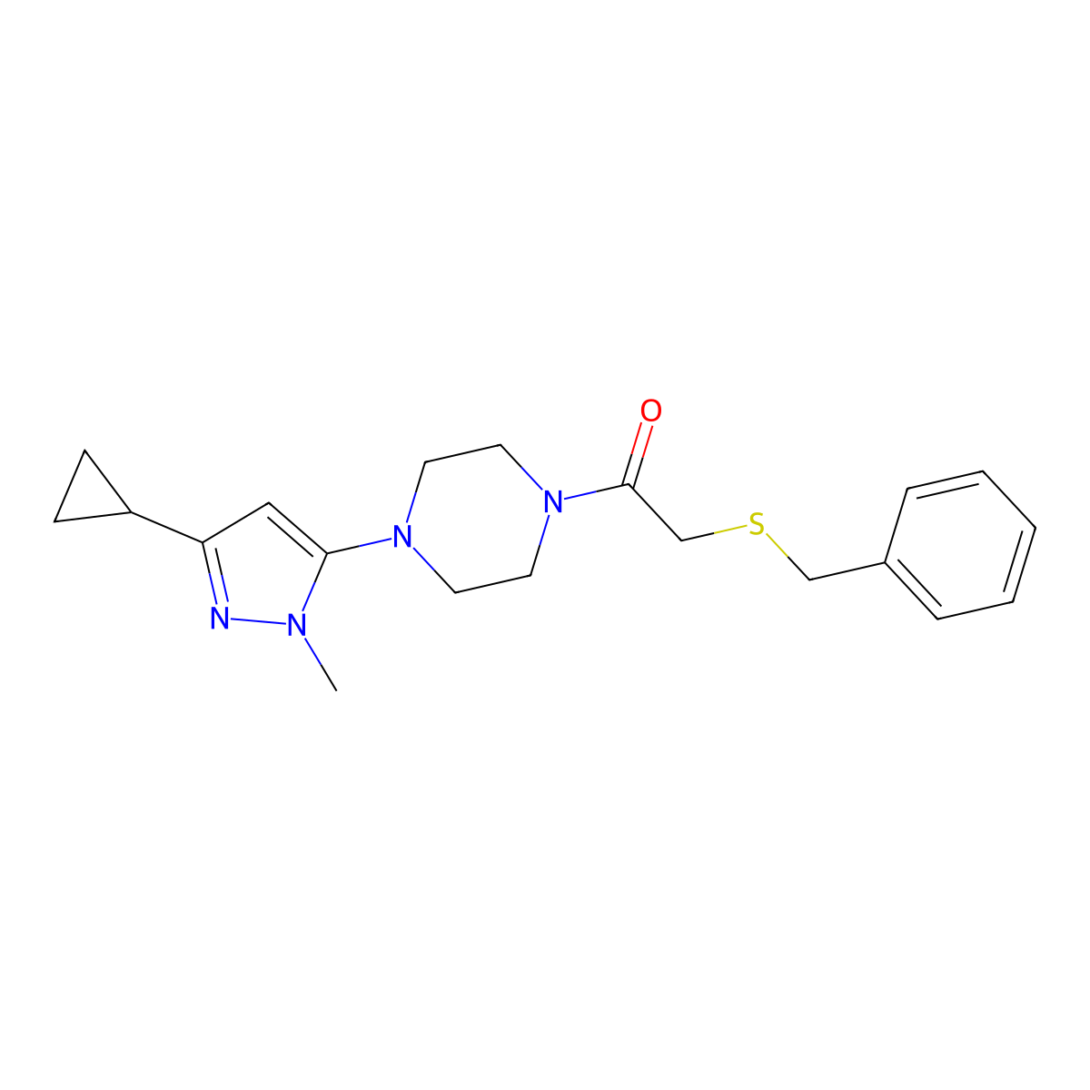 2-(benzylthio)-1-(4-(3-cyclopropyl-1-methyl-1H-pyrazol-5-yl)piperazin-1-yl)ethanone molecular structure, CAS 2034448-69-4