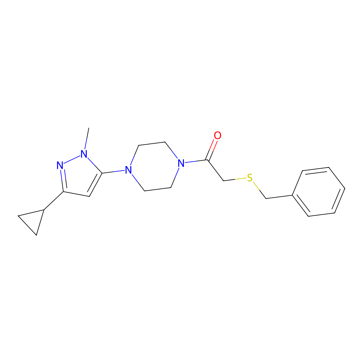 2-(benzylthio)-1-(4-(3-cyclopropyl-1-methyl-1H-pyrazol-5-yl)piperazin-1-yl)ethanone molecular structure, CAS 2034448-69-4