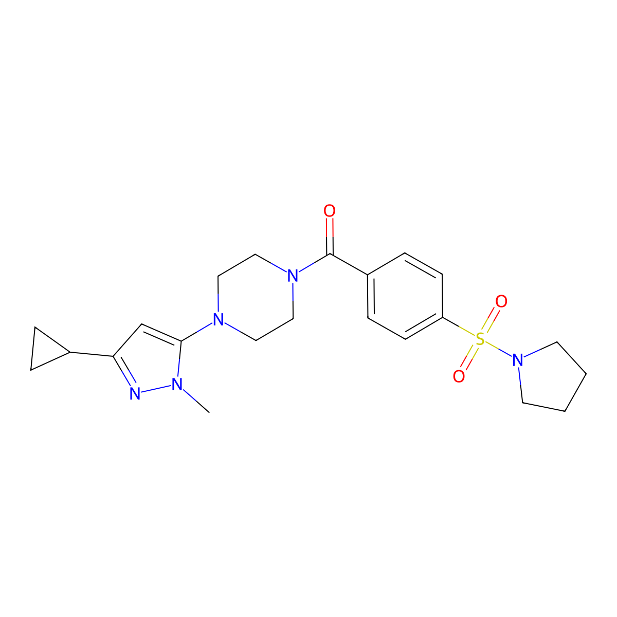 (4-(3-cyclopropyl-1-methyl-1H-pyrazol-5-yl)piperazin-1-yl)(4-(pyrrolidin-1-ylsulfonyl)phenyl)methanone molecular structure, CAS 2034448-73-0