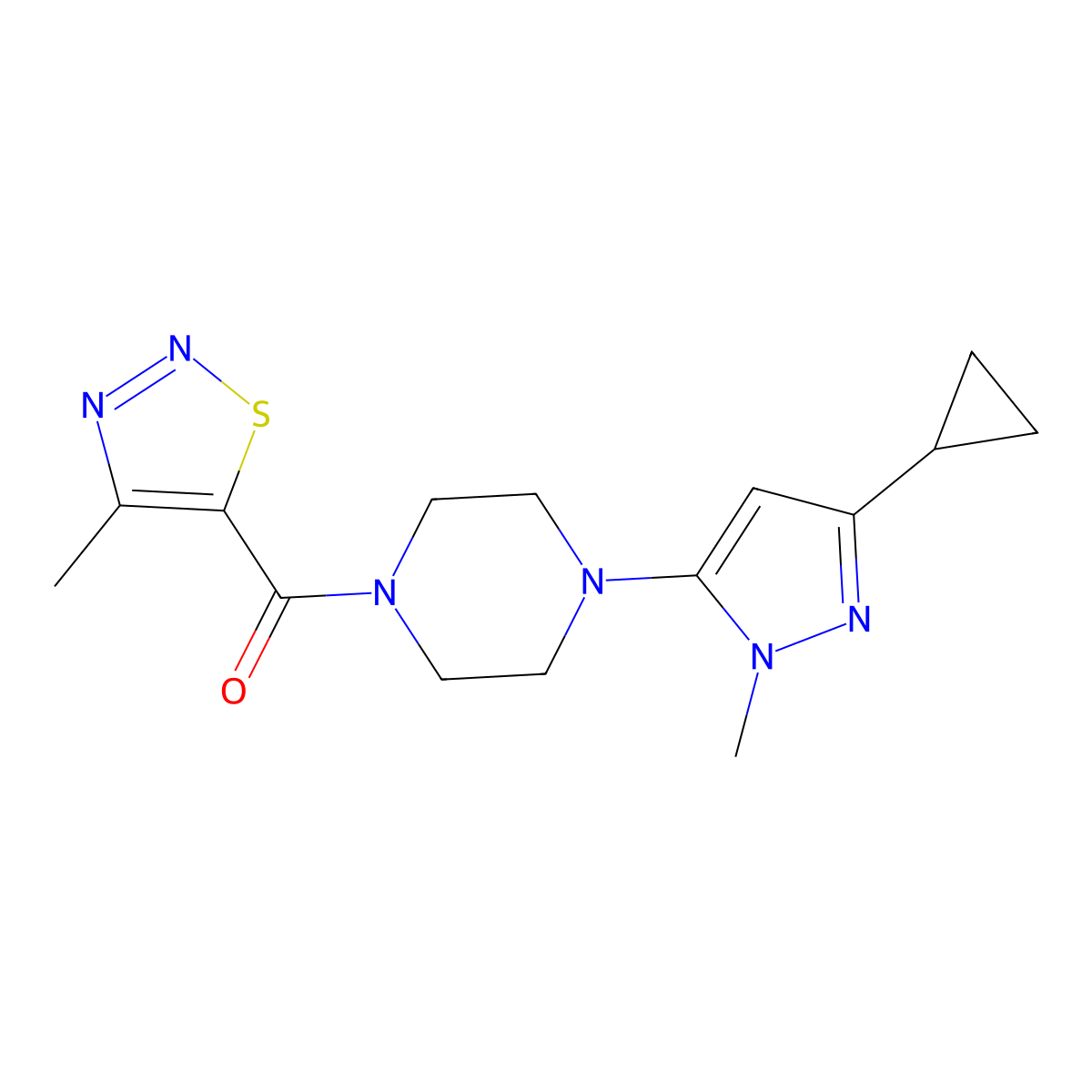 (4-(3-cyclopropyl-1-methyl-1H-pyrazol-5-yl)piperazin-1-yl)(4-methyl-1,2,3-thiadiazol-5-yl)methanone molecular structure, CAS 2034448-82-1