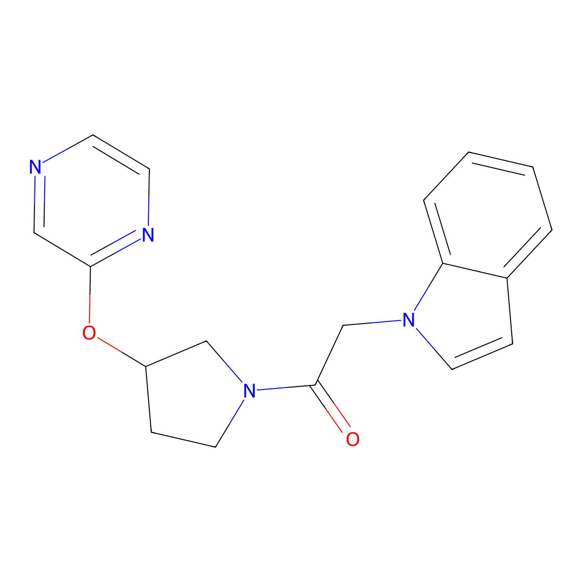 2-(1H-indol-1-yl)-1-(3-(pyrazin-2-yloxy)pyrrolidin-1-yl)ethanone molecular structure, CAS 2034448-84-3