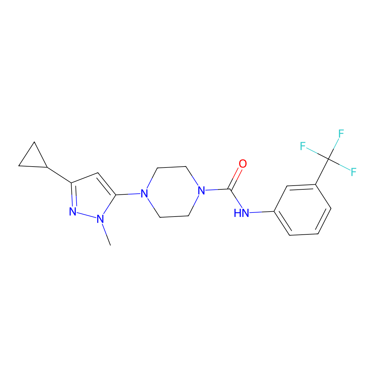 4-(3-cyclopropyl-1-methyl-1H-pyrazol-5-yl)-N-(3-(trifluoromethyl)phenyl)piperazine-1-carboxamide molecular structure, CAS 2034448-93-4