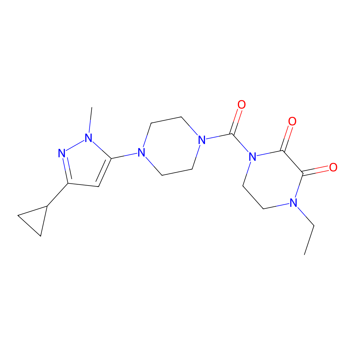 1-[4-(3-cyclopropyl-1-methyl-1H-pyrazol-5-yl)piperazine-1-carbonyl]-4-ethylpiperazine-2,3-dione molecular structure, CAS 2034448-96-7