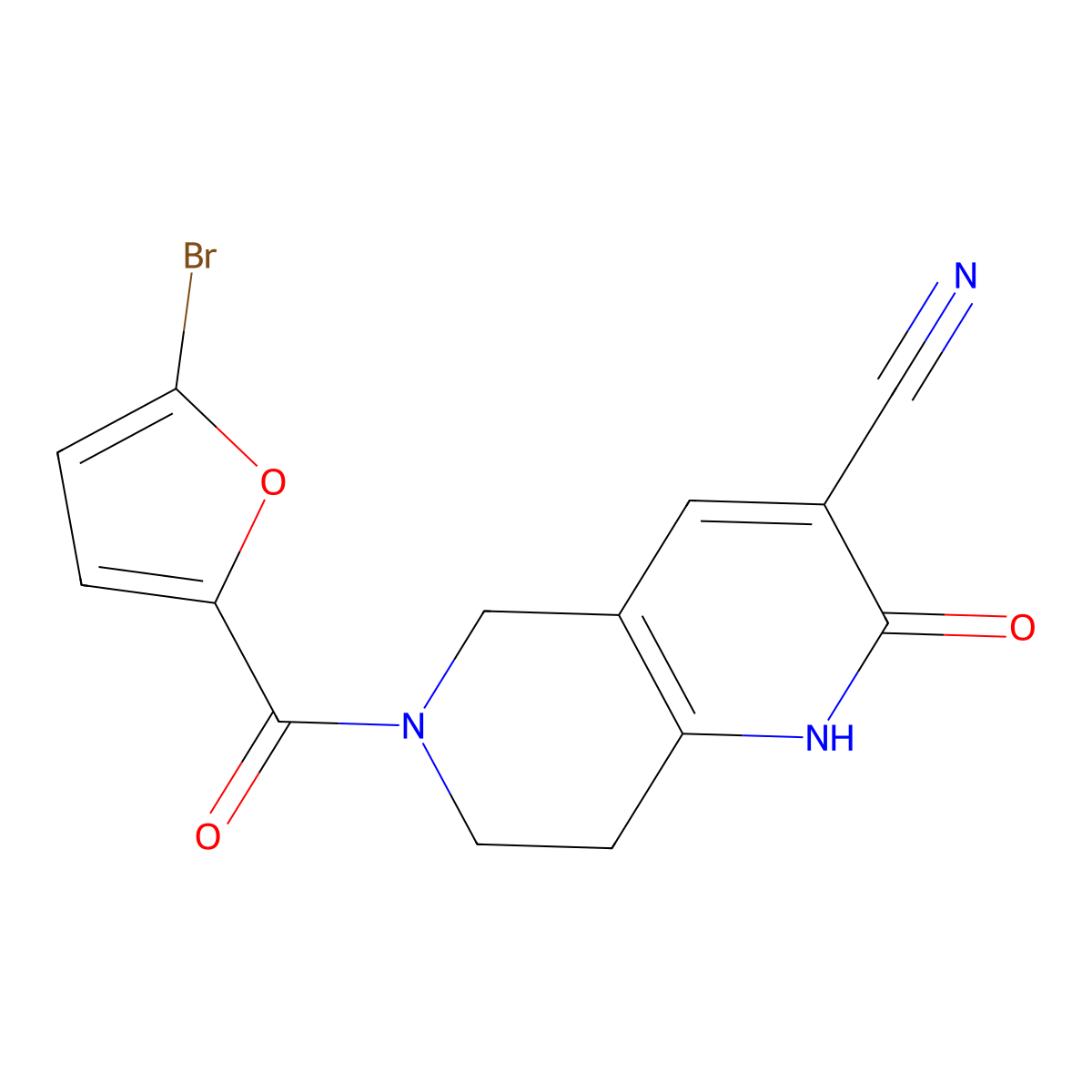 6-(5-Bromofuran-2-carbonyl)-2-oxo-1,2,5,6,7,8-hexahydro-1,6-naphthyridine-3-carbonitrile molecular structure, CAS 2034448-97-8