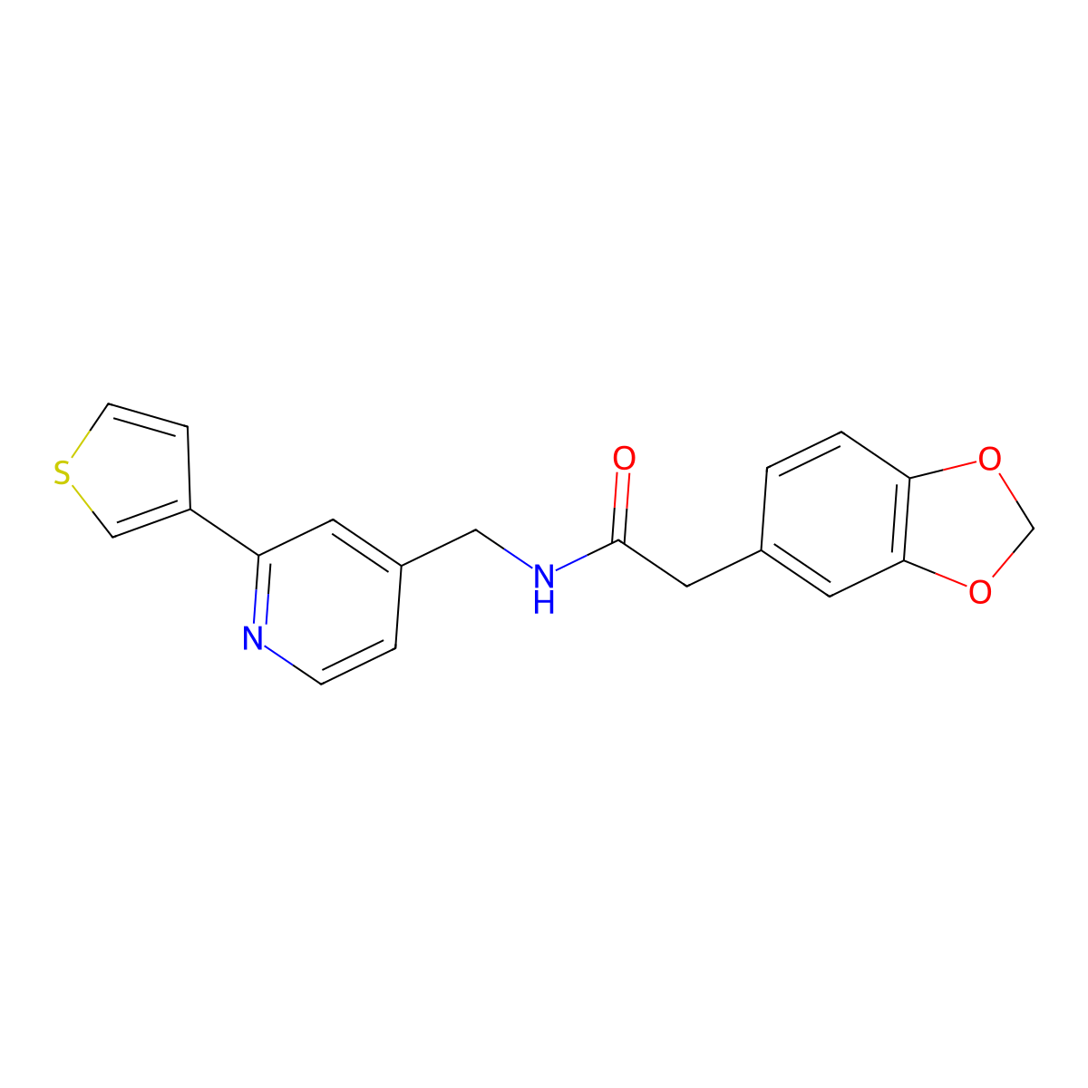2-(benzo[d][1,3]dioxol-5-yl)-N-((2-(thiophen-3-yl)pyridin-4-yl)methyl)acetamide molecular structure, CAS 2034448-99-0