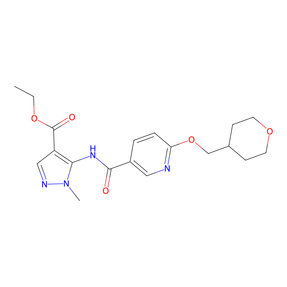 ethyl 1-methyl-5-(6-((tetrahydro-2H-pyran-4-yl)methoxy)nicotinamido)-1H-pyrazole-4-carboxylate molecular structure, CAS 2034449-02-8