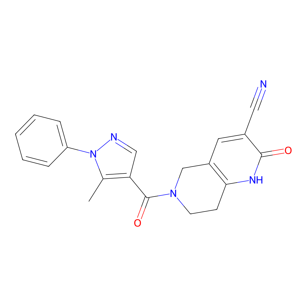 6-(5-methyl-1-phenyl-1H-pyrazole-4-carbonyl)-2-oxo-1,2,5,6,7,8-hexahydro-1,6-naphthyridine-3-carbonitrile molecular structure, CAS 2034449-05-1