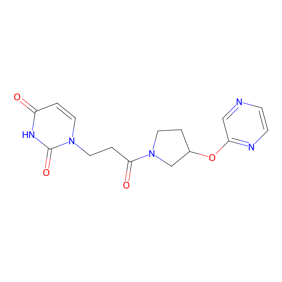 1-(3-oxo-3-(3-(pyrazin-2-yloxy)pyrrolidin-1-yl)propyl)pyrimidine-2,4(1H,3H)-dione molecular structure, CAS 2034449-09-5