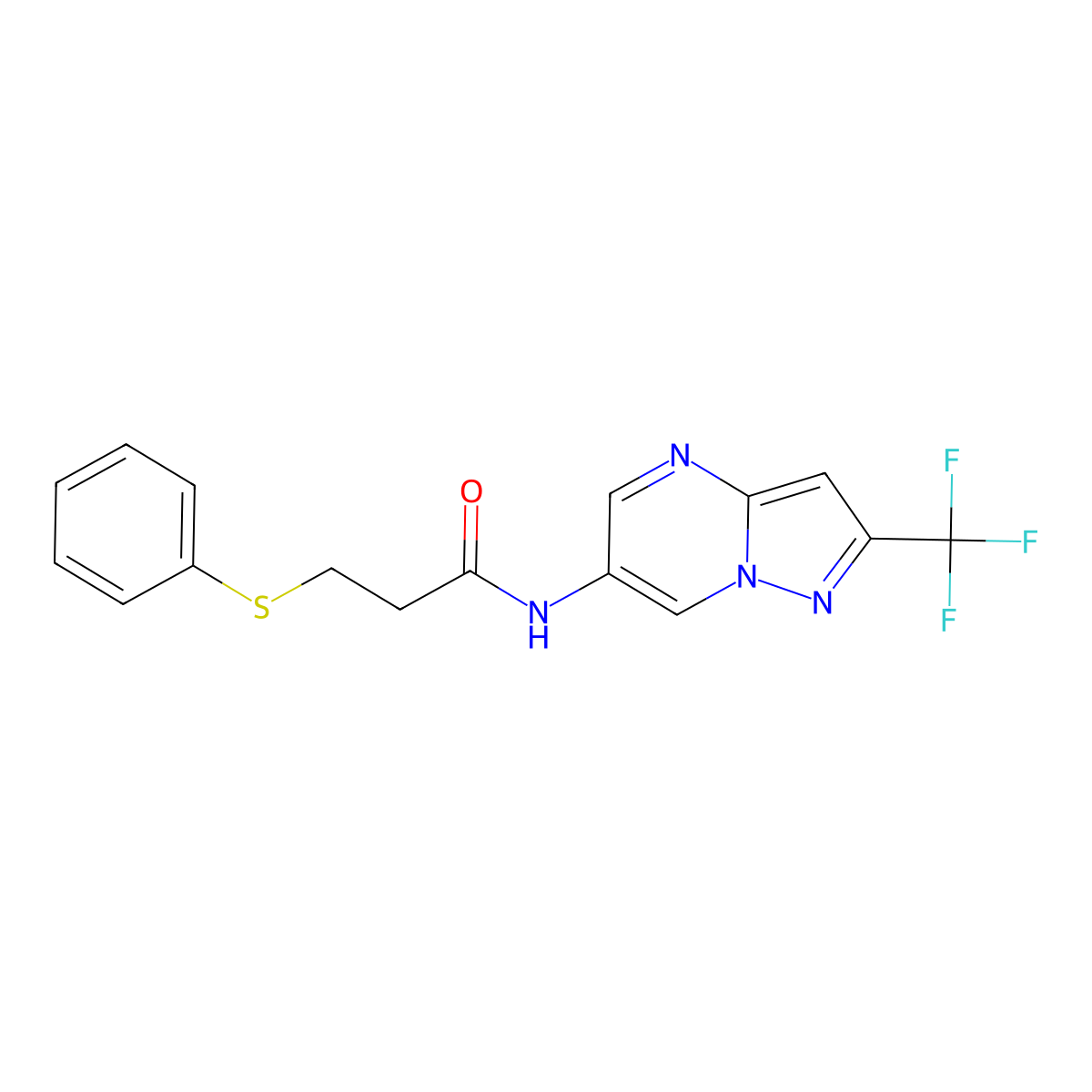 3-(phenylthio)-N-(2-(trifluoromethyl)pyrazolo[1,5-a]pyrimidin-6-yl)propanamide molecular structure, CAS 2034449-14-2