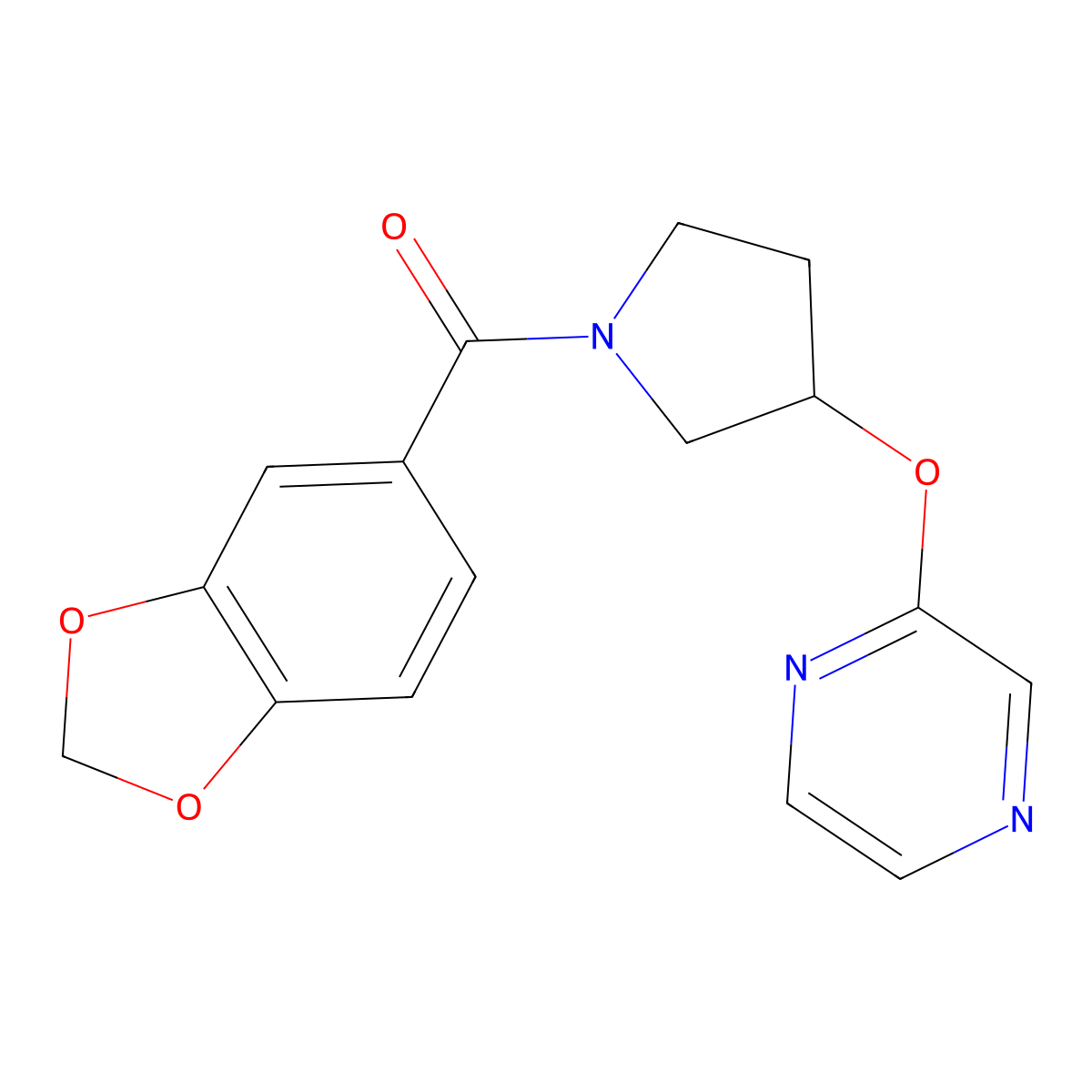 Benzo[d][1,3]dioxol-5-yl(3-(pyrazin-2-yloxy)pyrrolidin-1-yl)methanone molecular structure, CAS 2034449-17-5