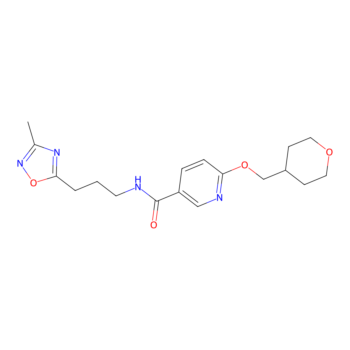 N-(3-(3-methyl-1,2,4-oxadiazol-5-yl)propyl)-6-((tetrahydro-2H-pyran-4-yl)methoxy)nicotinamide molecular structure, CAS 2034449-20-0