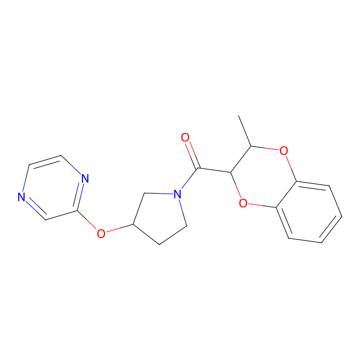(3-Methyl-2,3-dihydrobenzo[b][1,4]dioxin-2-yl)(3-(pyrazin-2-yloxy)pyrrolidin-1-yl)methanone molecular structure, CAS 2034449-35-7