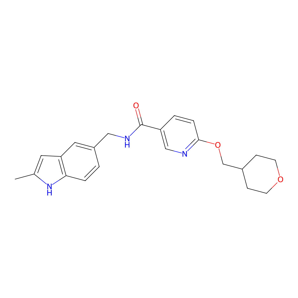 N-((2-methyl-1H-indol-5-yl)methyl)-6-((tetrahydro-2H-pyran-4-yl)methoxy)nicotinamide molecular structure, CAS 2034449-37-9