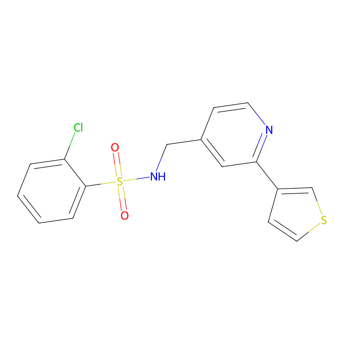 2-chloro-N-((2-(thiophen-3-yl)pyridin-4-yl)methyl)benzenesulfonamide molecular structure, CAS 2034449-38-0