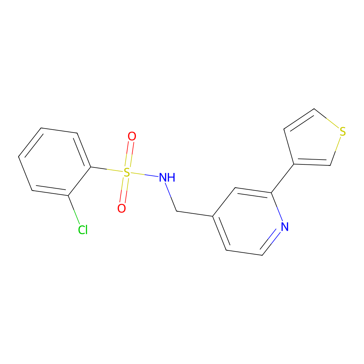 2-chloro-N-((2-(thiophen-3-yl)pyridin-4-yl)methyl)benzenesulfonamide molecular structure, CAS 2034449-38-0