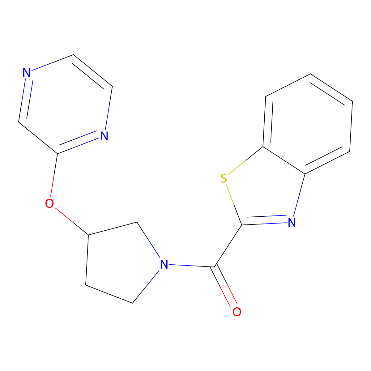 Benzo[d]thiazol-2-yl(3-(pyrazin-2-yloxy)pyrrolidin-1-yl)methanone molecular structure, CAS 2034449-39-1