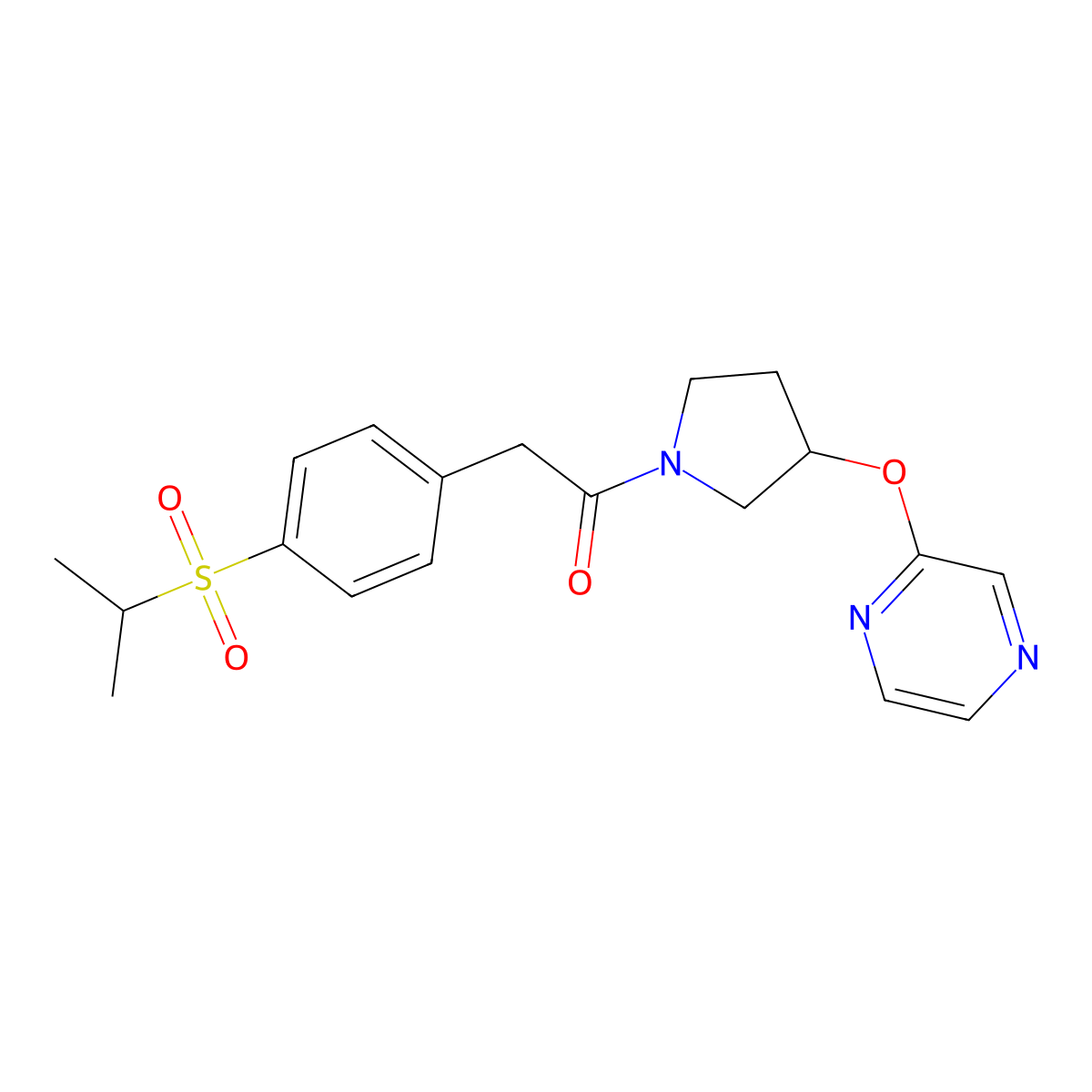 2-(4-(Isopropylsulfonyl)phenyl)-1-(3-(pyrazin-2-yloxy)pyrrolidin-1-yl)ethanone molecular structure, CAS 2034449-47-1