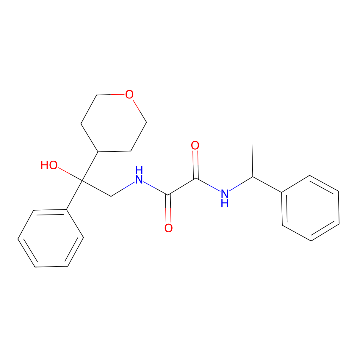 N1-(2-hydroxy-2-phenyl-2-(tetrahydro-2H-pyran-4-yl)ethyl)-N2-(1-phenylethyl)oxalamide molecular structure, CAS 2034449-50-6