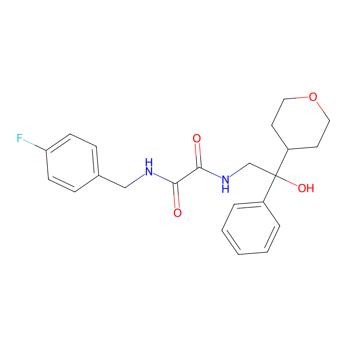 N1-(4-fluorobenzyl)-N2-(2-hydroxy-2-phenyl-2-(tetrahydro-2H-pyran-4-yl)ethyl)oxalamide molecular structure, CAS 2034449-55-1