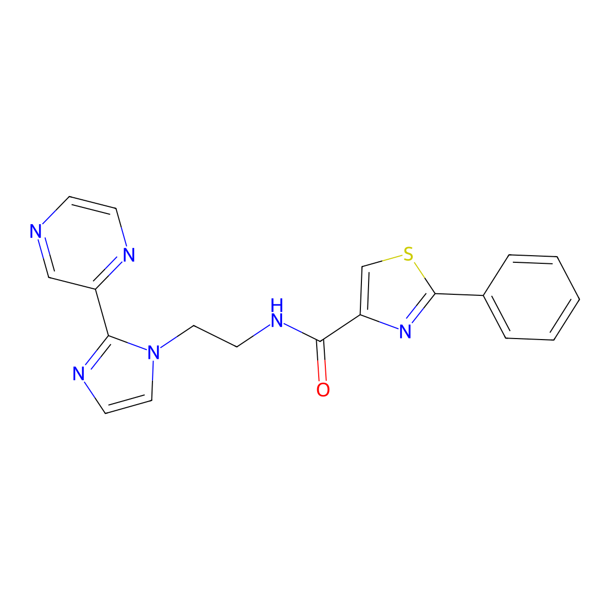 2-phenyl-N-(2-(2-(pyrazin-2-yl)-1H-imidazol-1-yl)ethyl)thiazole-4-carboxamide molecular structure, CAS 2034449-58-4