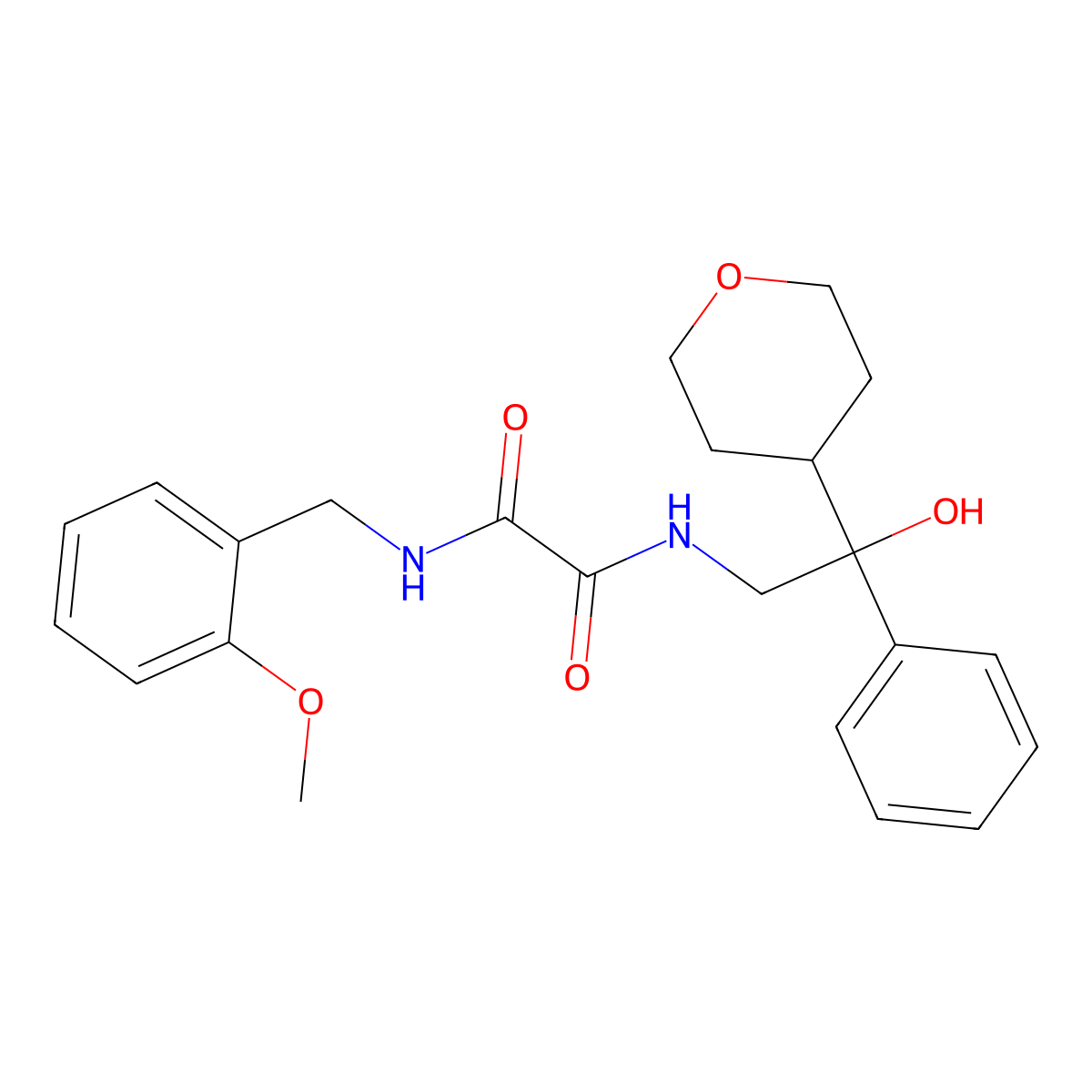N1-(2-hydroxy-2-phenyl-2-(tetrahydro-2H-pyran-4-yl)ethyl)-N2-(2-methoxybenzyl)oxalamide molecular structure, CAS 2034449-64-2