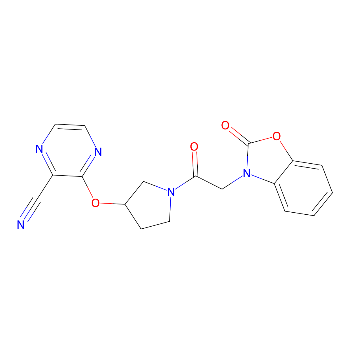 3-((1-(2-(2-oxobenzo[d]oxazol-3(2H)-yl)acetyl)pyrrolidin-3-yl)oxy)pyrazine-2-carbonitrile molecular structure, CAS 2034449-85-7