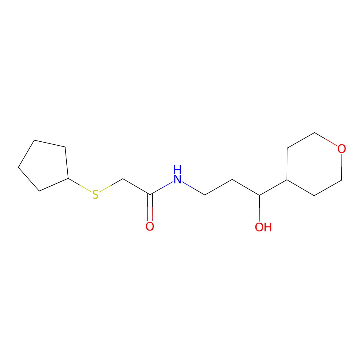 2-(cyclopentylthio)-N-(3-hydroxy-3-(tetrahydro-2H-pyran-4-yl)propyl)acetamide molecular structure, CAS 2034449-95-9