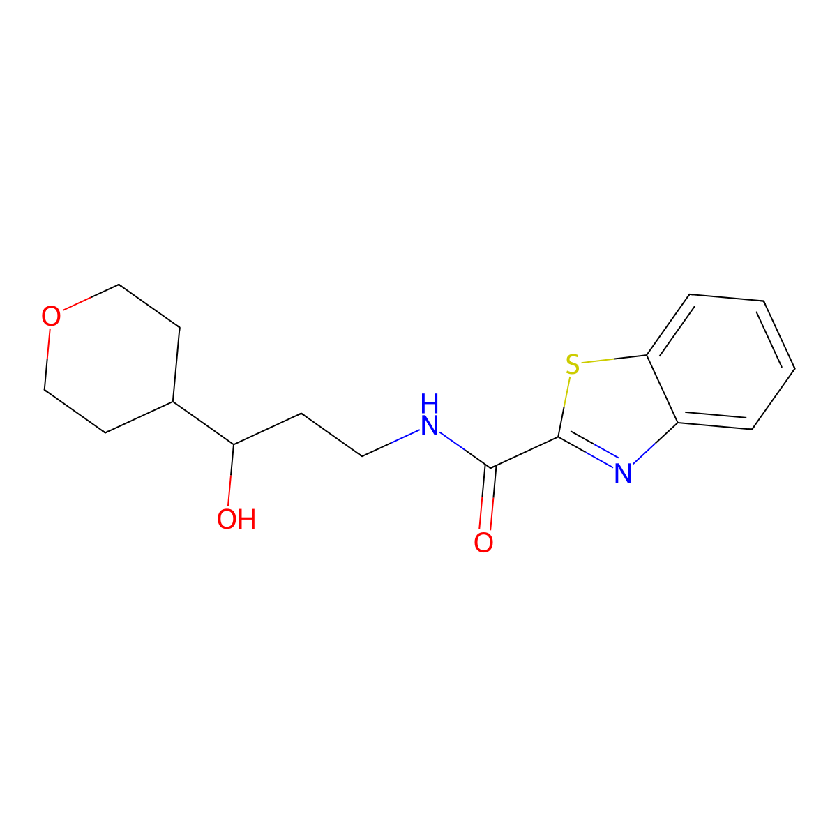 N-(3-hydroxy-3-(tetrahydro-2H-pyran-4-yl)propyl)benzo[d]thiazole-2-carboxamide molecular structure, CAS 2034450-07-0