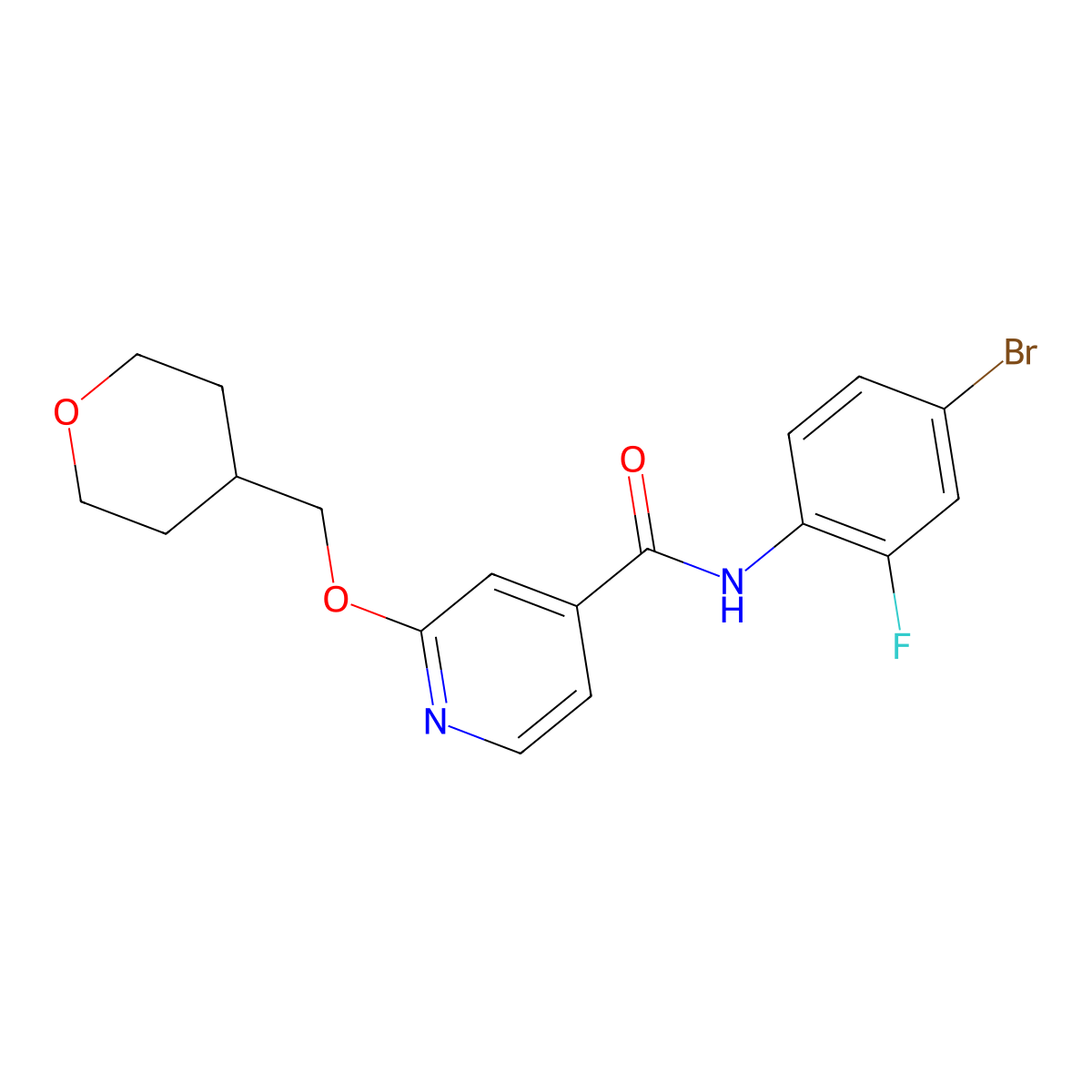 N-(4-bromo-2-fluorophenyl)-2-((tetrahydro-2H-pyran-4-yl)methoxy)isonicotinamide molecular structure, CAS 2034450-14-9