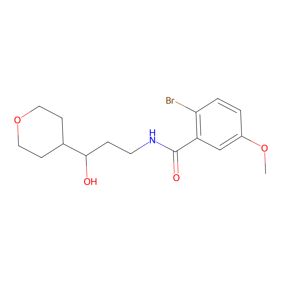 2-bromo-N-(3-hydroxy-3-(tetrahydro-2H-pyran-4-yl)propyl)-5-methoxybenzamide molecular structure, CAS 2034450-34-3