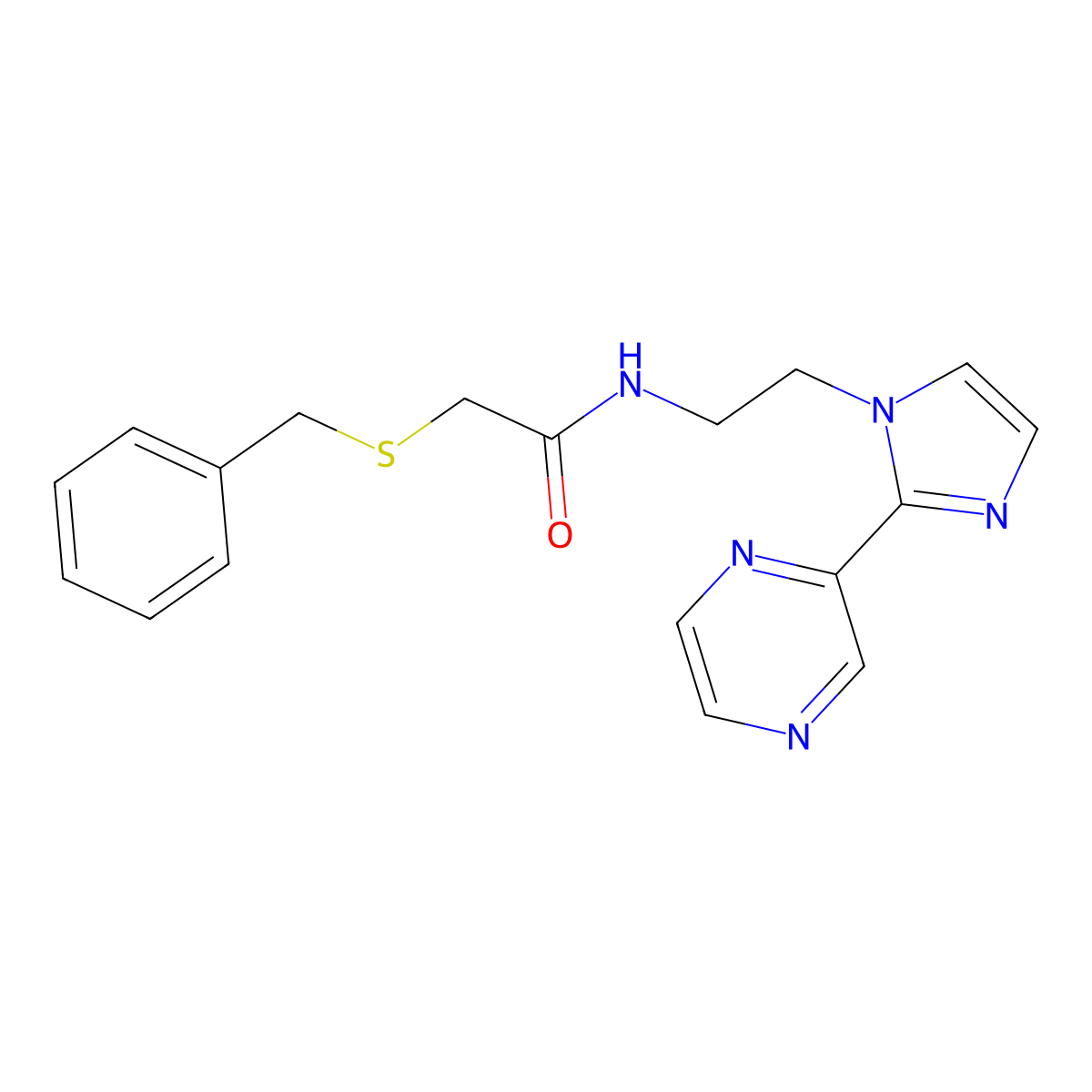 2-(benzylsulfanyl)-N-{2-[2-(pyrazin-2-yl)-1H-imidazol-1-yl]ethyl}acetamide molecular structure, CAS 2034450-43-4