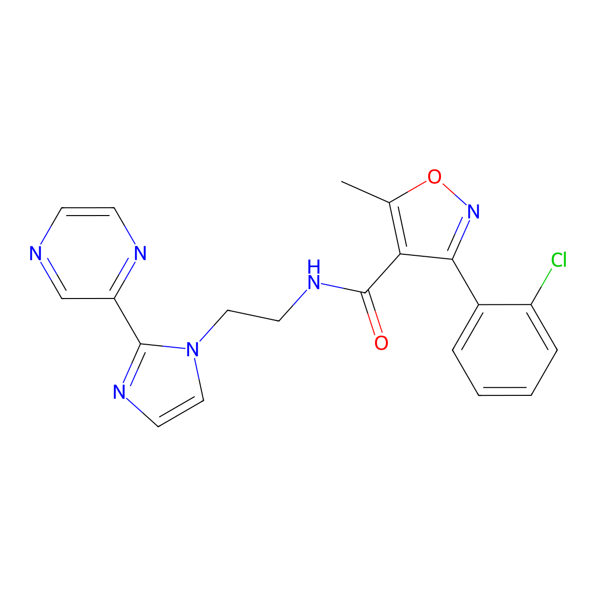 3-(2-chlorophenyl)-5-methyl-N-(2-(2-(pyrazin-2-yl)-1H-imidazol-1-yl)ethyl)isoxazole-4-carboxamide molecular structure, CAS 2034450-52-5
