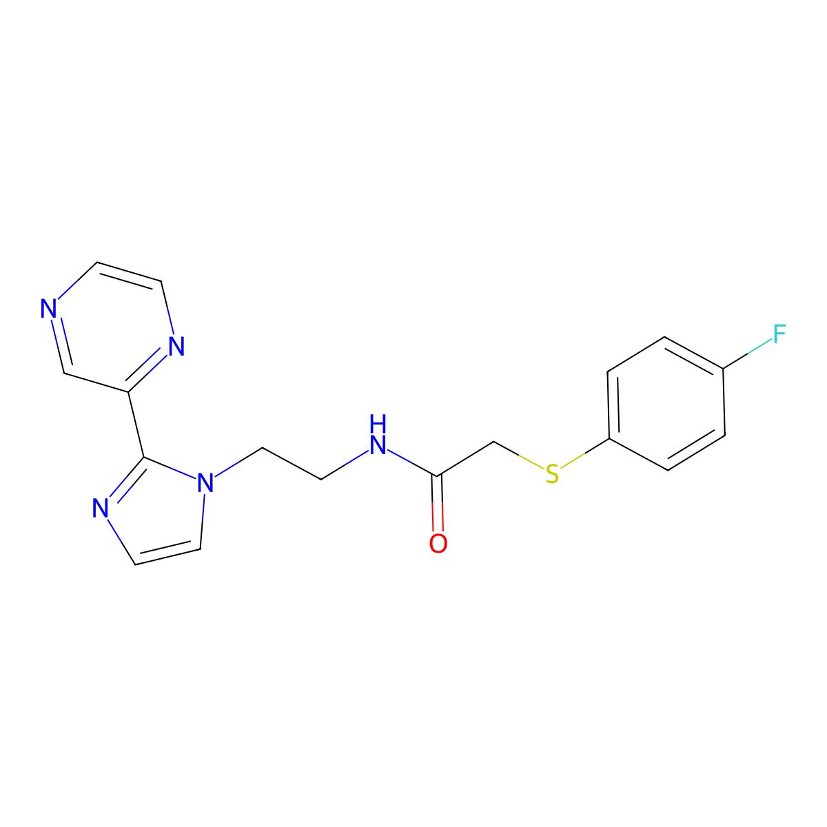 2-((4-fluorophenyl)thio)-N-(2-(2-(pyrazin-2-yl)-1H-imidazol-1-yl)ethyl)acetamide molecular structure, CAS 2034450-60-5
