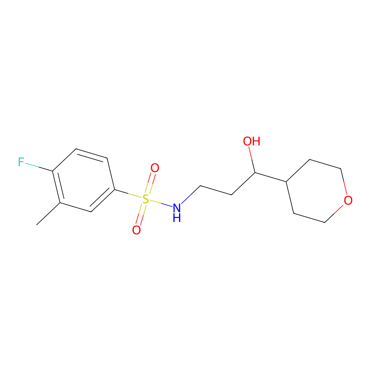 4-fluoro-N-(3-hydroxy-3-(tetrahydro-2H-pyran-4-yl)propyl)-3-methylbenzenesulfonamide molecular structure, CAS 2034450-61-6