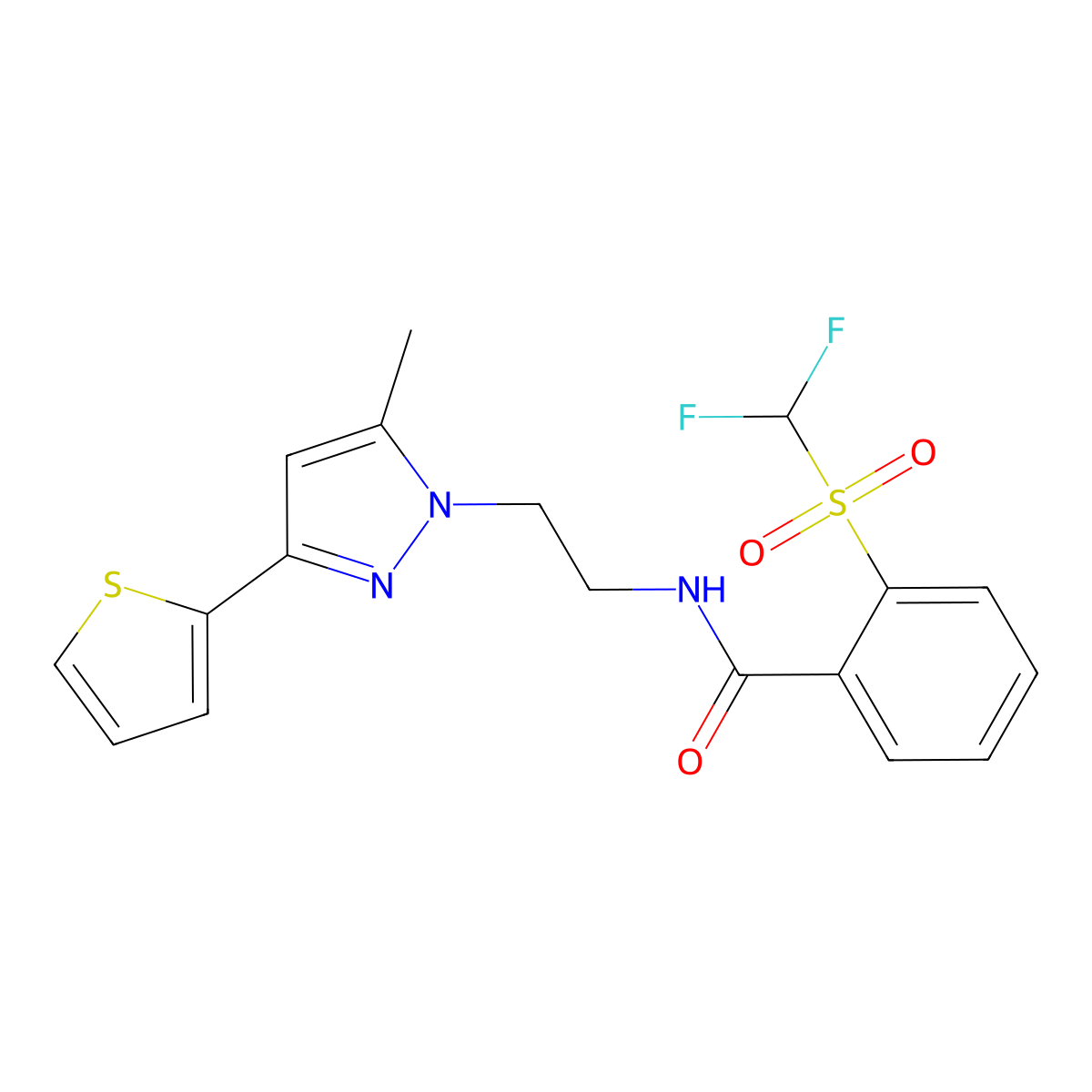 2-((difluoromethyl)sulfonyl)-N-(2-(5-methyl-3-(thiophen-2-yl)-1H-pyrazol-1-yl)ethyl)benzamide molecular structure, CAS 2034450-67-2