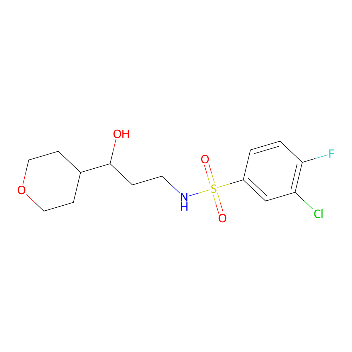 3-chloro-4-fluoro-N-(3-hydroxy-3-(tetrahydro-2H-pyran-4-yl)propyl)benzenesulfonamide molecular structure, CAS 2034450-68-3