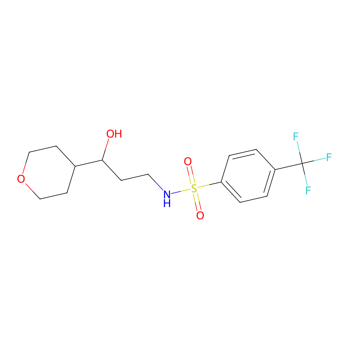 N-(3-hydroxy-3-(tetrahydro-2H-pyran-4-yl)propyl)-4-(trifluoromethyl)benzenesulfonamide molecular structure, CAS 2034450-74-1