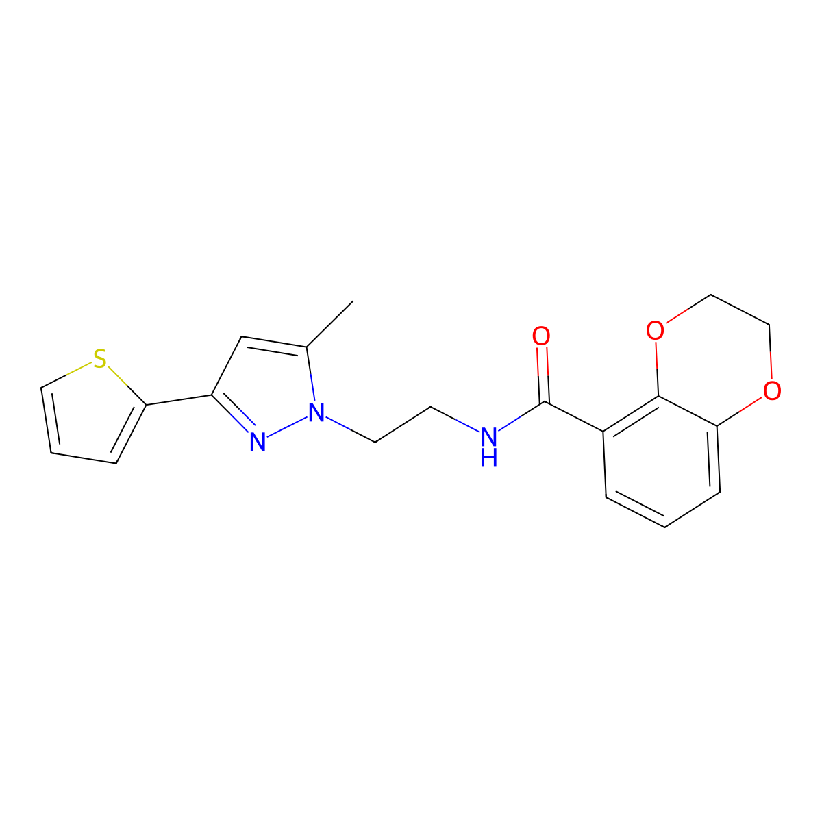 N-(2-(5-methyl-3-(thiophen-2-yl)-1H-pyrazol-1-yl)ethyl)-2,3-dihydrobenzo[b][1,4]dioxine-5-carboxamide molecular structure, CAS 2034450-76-3