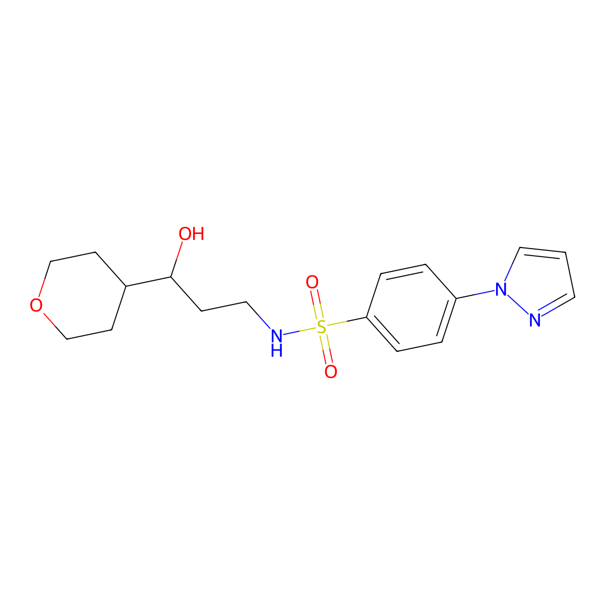 N-(3-hydroxy-3-(tetrahydro-2H-pyran-4-yl)propyl)-4-(1H-pyrazol-1-yl)benzenesulfonamide molecular structure, CAS 2034450-88-7