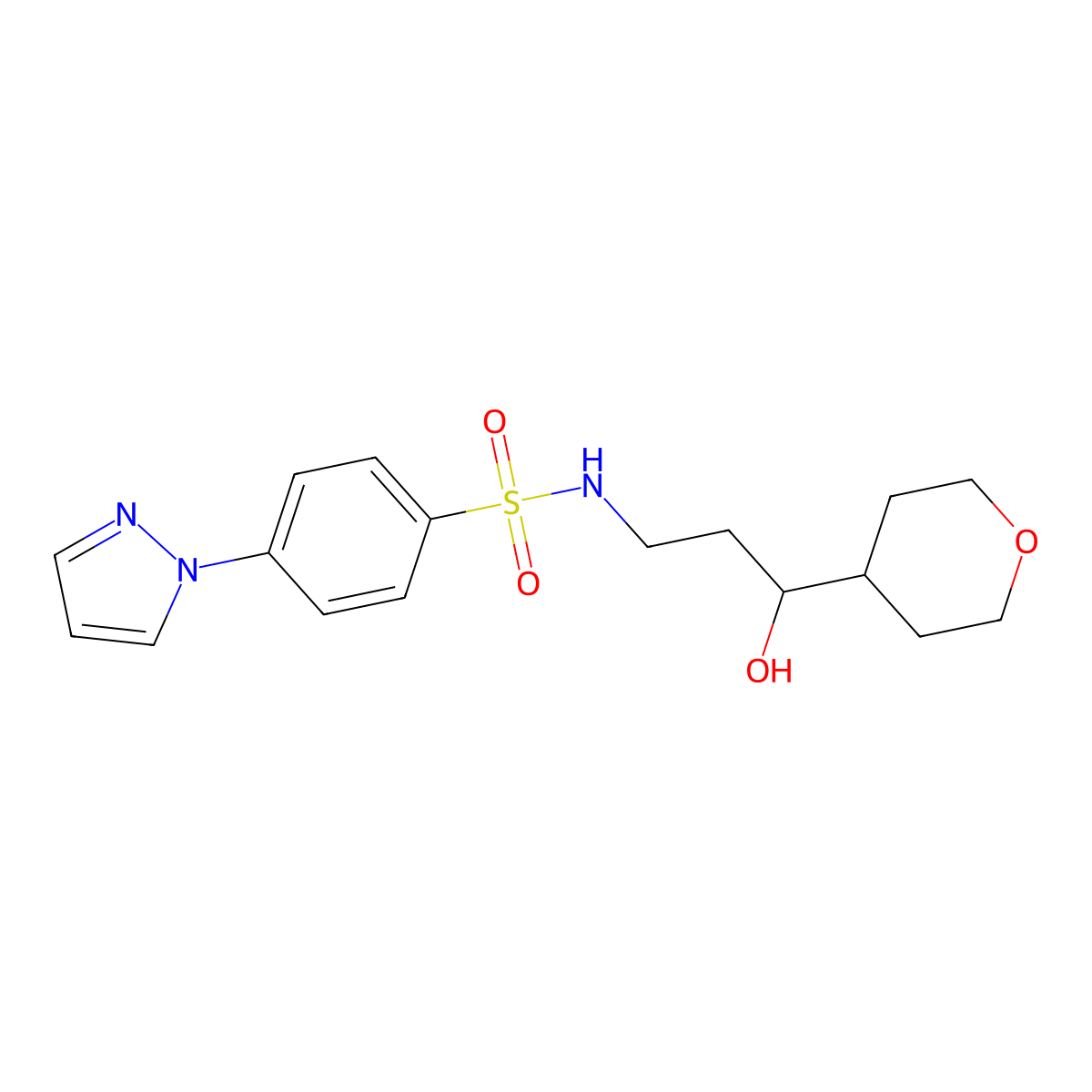 N-(3-hydroxy-3-(tetrahydro-2H-pyran-4-yl)propyl)-4-(1H-pyrazol-1-yl)benzenesulfonamide molecular structure, CAS 2034450-88-7