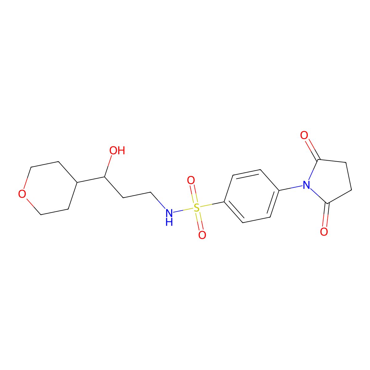 4-(2,5-dioxopyrrolidin-1-yl)-N-(3-hydroxy-3-(tetrahydro-2H-pyran-4-yl)propyl)benzenesulfonamide molecular structure, CAS 2034450-96-7