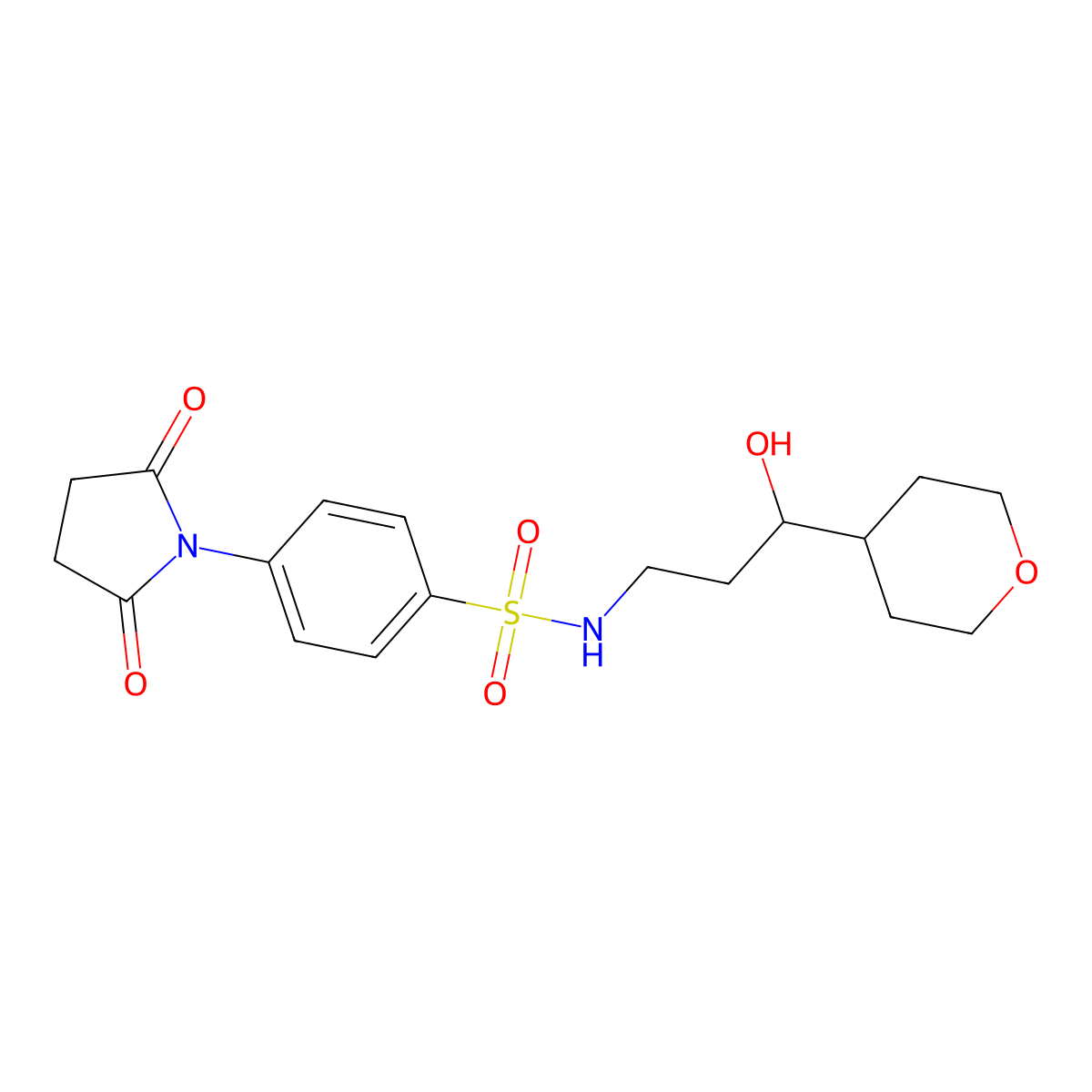 4-(2,5-dioxopyrrolidin-1-yl)-N-(3-hydroxy-3-(tetrahydro-2H-pyran-4-yl)propyl)benzenesulfonamide molecular structure, CAS 2034450-96-7