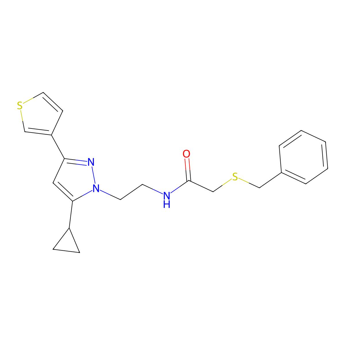 2-(benzylthio)-N-(2-(5-cyclopropyl-3-(thiophen-3-yl)-1H-pyrazol-1-yl)ethyl)acetamide molecular structure, CAS 2034450-99-0