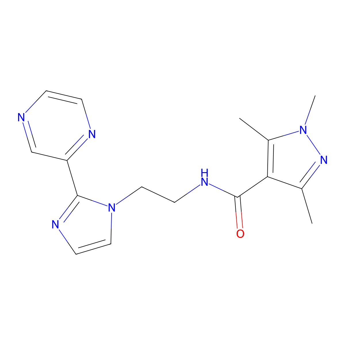 1,3,5-trimethyl-N-{2-[2-(pyrazin-2-yl)-1H-imidazol-1-yl]ethyl}-1H-pyrazole-4-carboxamide molecular structure, CAS 2034451-11-9