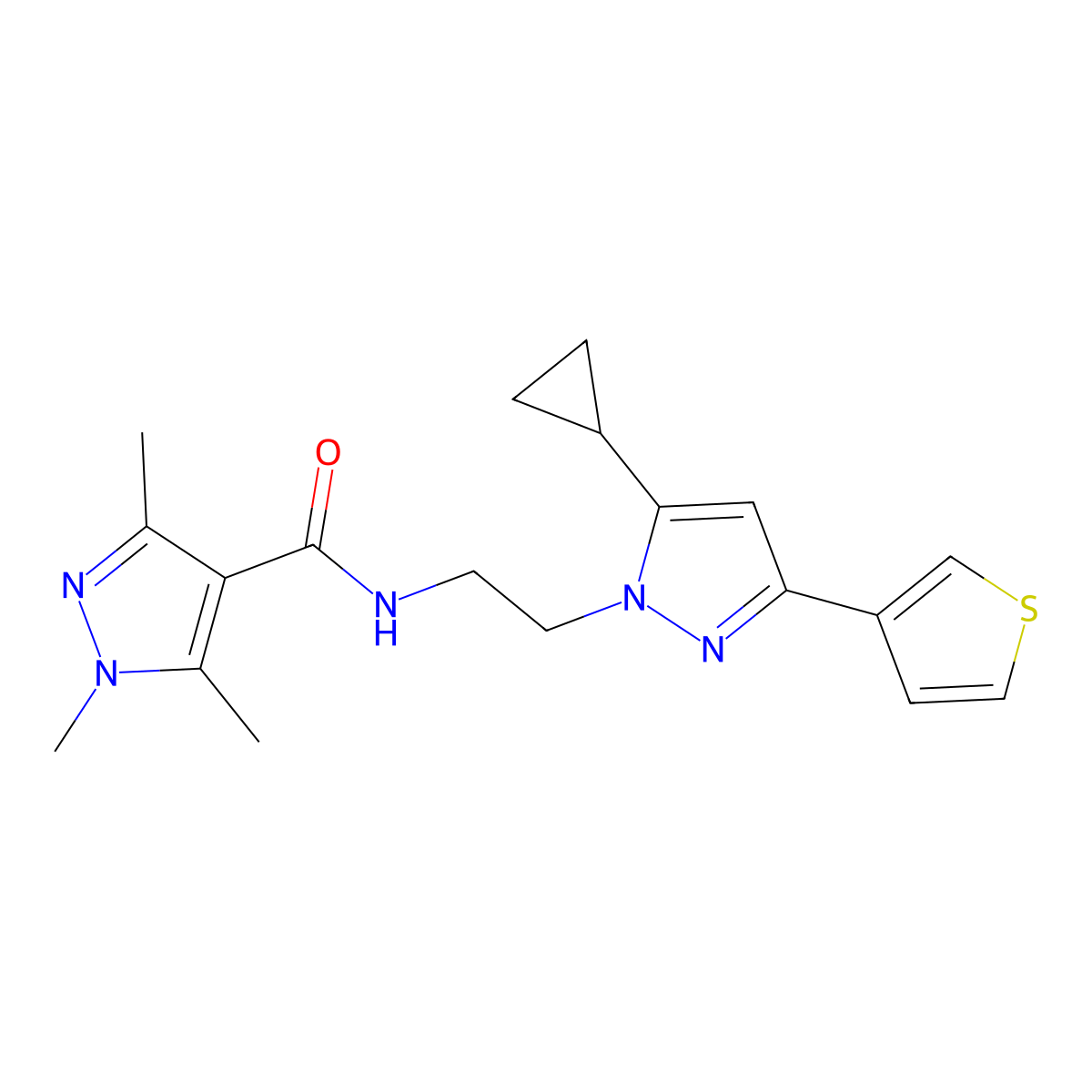 N-{2-[5-cyclopropyl-3-(thiophen-3-yl)-1H-pyrazol-1-yl]ethyl}-1,3,5-trimethyl-1H-pyrazole-4-carboxamide molecular structure, CAS 2034451-14-2